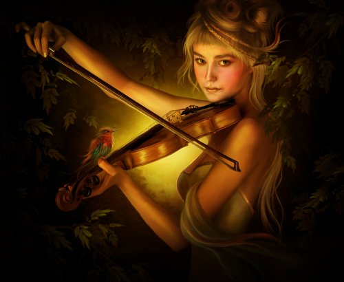 Фото Девушка со скрипкой в руках и птичка сидящая на ней