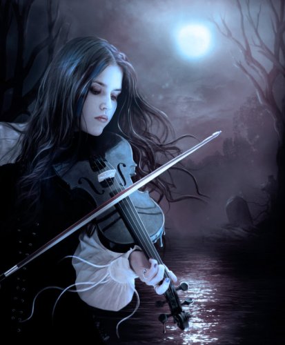 Фото Девушка играющая на скрипке лунной ночью