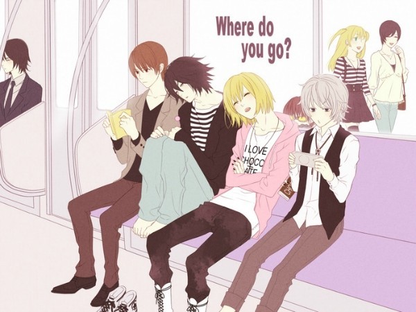 Фото Лайт , Эл, Мелло и Ниар из аниме Тетрадь Смерти / Death Note едут вметро. (where do you go/ куда ты идешь?)