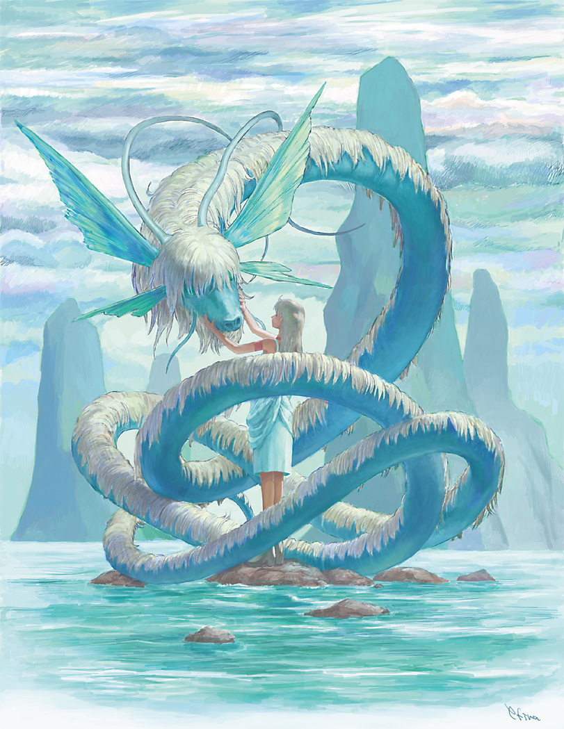 Фото Девушка и голубой дракон посреди моря и скал