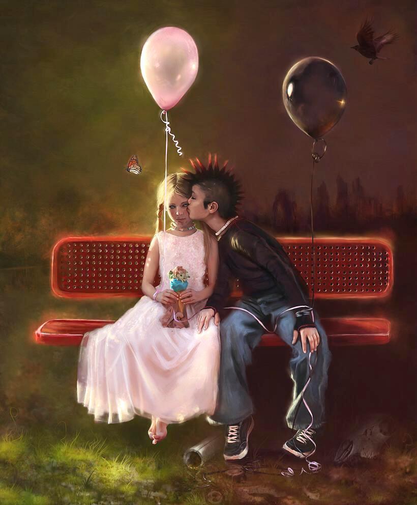 Фото Мальчик-панк в чёрном и с чёрным воздушным шаром, целует босую девочку в розовом платье и с розовым воздушным шаром над ними летят ворон и бабочка