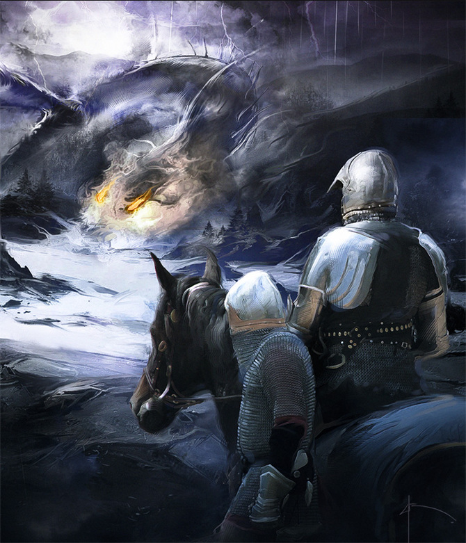 Фото Рыцарь в доспехах и на коне приехал сразиться с огромным драконом, художник Bruno Wagner