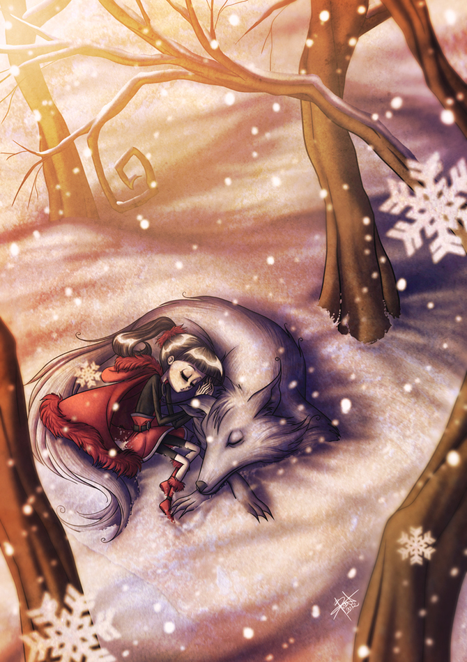 Фото Красная Шапочка уснула в обнимку с волком в холодном зимнем лесу, художник Benat Olea