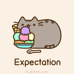 Фото Pusheen the cat / Кот Пушин кушает шарики мороженого, рядом лежит ложечка (Expectation / Ожидание)
