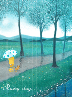 Фото Девушка  с собакой идёт по дороге вдоль деревьев под дождём, Rainy day \ Дождливый день 