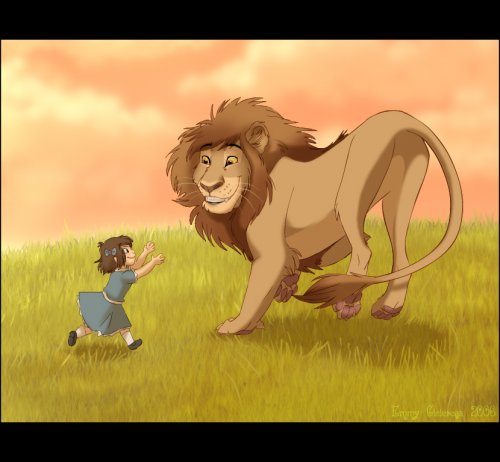 Фото Девочка с обьятиями бежит ко льву