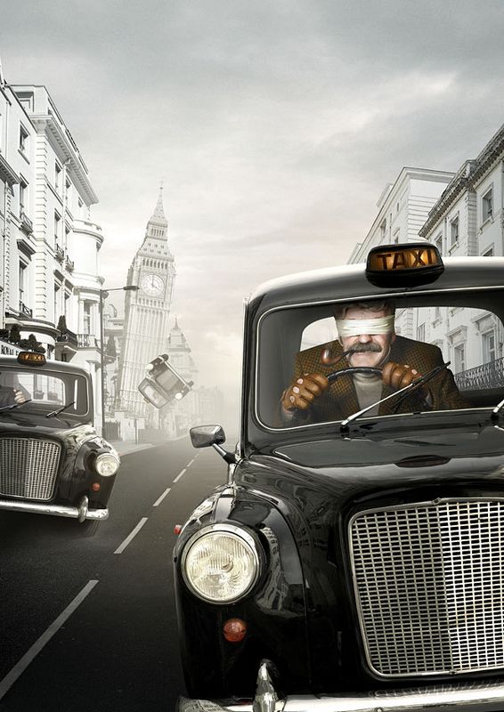 Фото Неожиданные фантазии - мужчина с завязанными глазами за рулём авто на лондонской улице (такси / taxi)