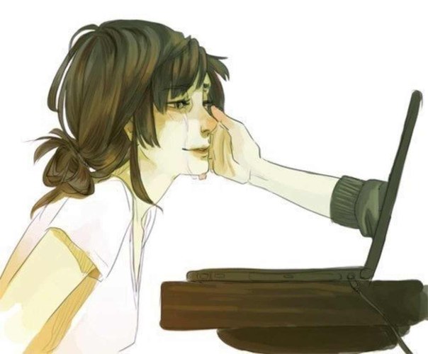 Фото Девушка плачет, протянутая рука помощи из экрана вытирает ей слезы