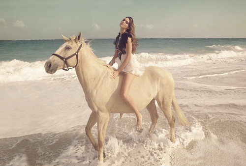 Фото Девушка, сидящая на лошади, гуляет по пляжу