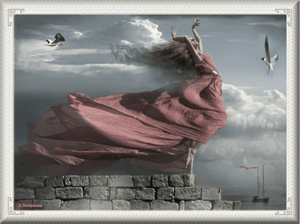 Фото Девушка в алом платье стоит на каменной стене, рядом летают чайки, вдали виден корабль, автор Е.Лопанова