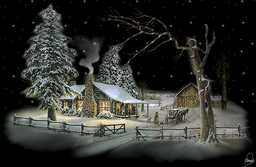 Фото Новогодний пейзаж - из трубы дома вьётся дымок, кругом лес в снегу, в небе мерцают звёзды