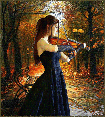 Фото Девушка в длинном чёрном платье играет на скрипке в осеннем парке под дождём, Mira
