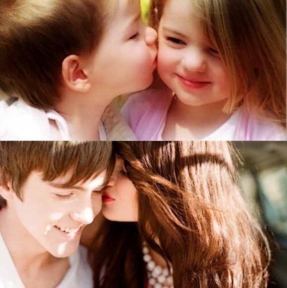 Фото Маленький мальчик целует девочку. Девушка подросток целует парня