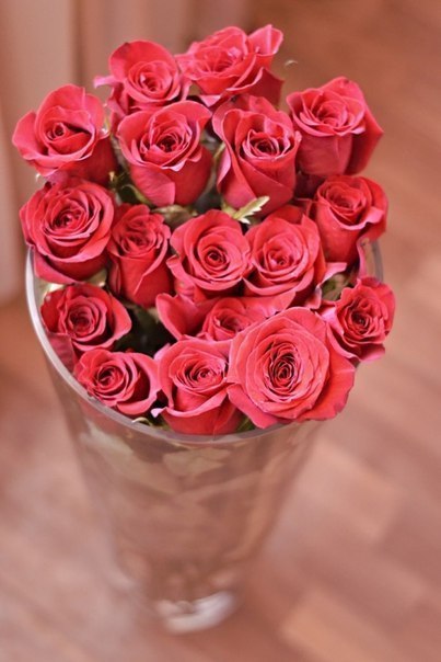 Фото Букет нежно - красных роз в хрустальной вазе