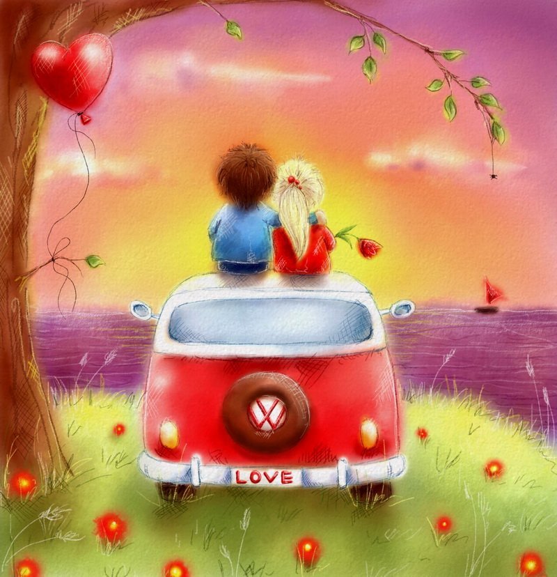 Фото Влюблённые сидят на крыше машины глядя на реку (love / любовь)