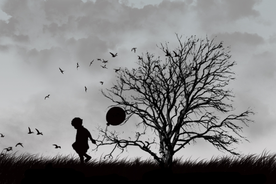 Фото Мальчик с воздушным шариком возле дерева без листвы