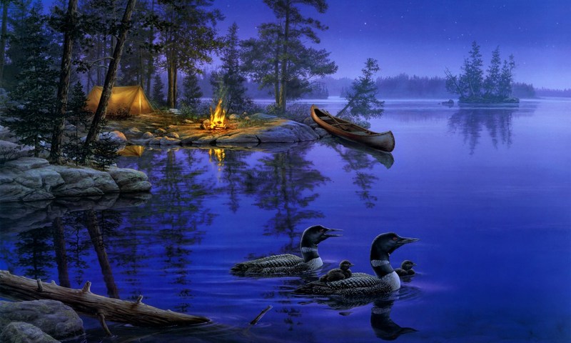 Фото Водоплавающие утки, плывущие по озеру, на берегу которого стоит пришвартованная лодка, палатка и горит костер, рисунок американского художника Darrell Bush / Даррелл Буш