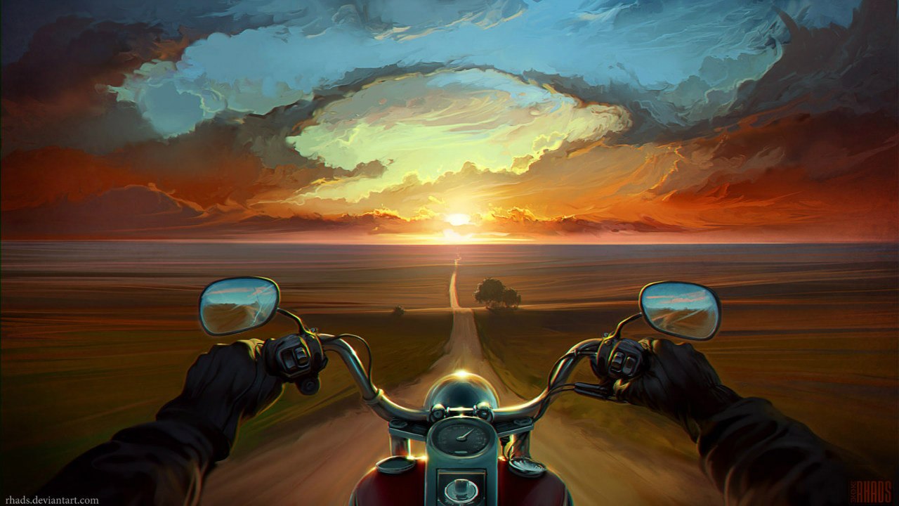 Фото Вид от первого лица, мотоциклист едет по дороге, посреди поля на закате