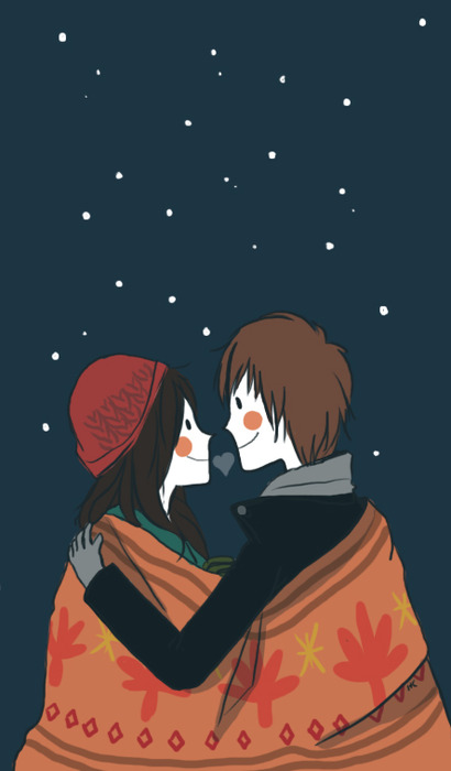 Фото Девушка с мужчиной под пледом на фоне звездного неба смотрят друг на друга и улыбаются