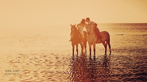 Фото Девушка с мужчиной на лошадях целуются