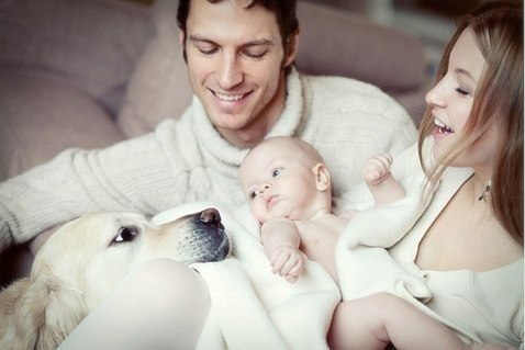 Фото Молодые родители с младенцем и их лабрадор