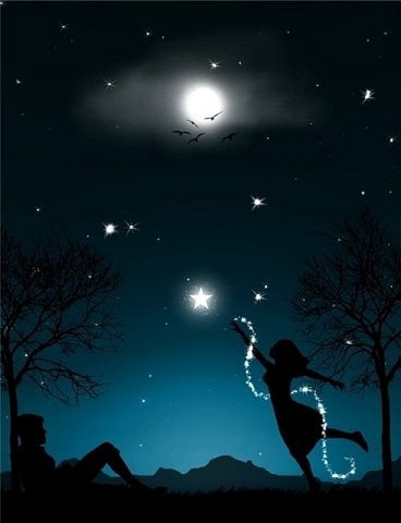 Фото Девушка пытается достать ночью до звезды, мужчина пристально смотрит на неё