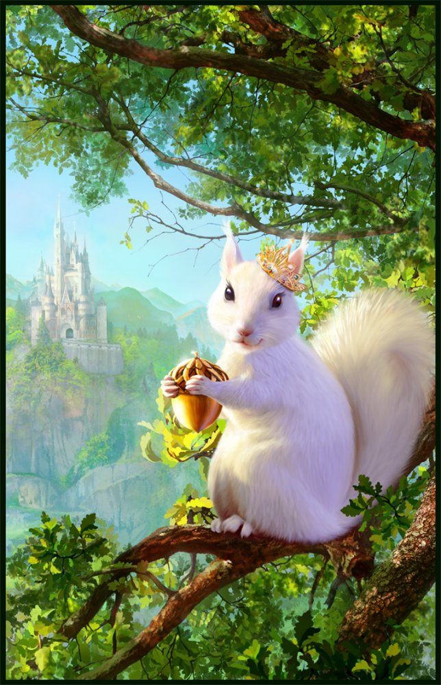 Фото Принцесса - белочка с орешком на ветке дерева, за ней на крутых горах виднеется красивый замок