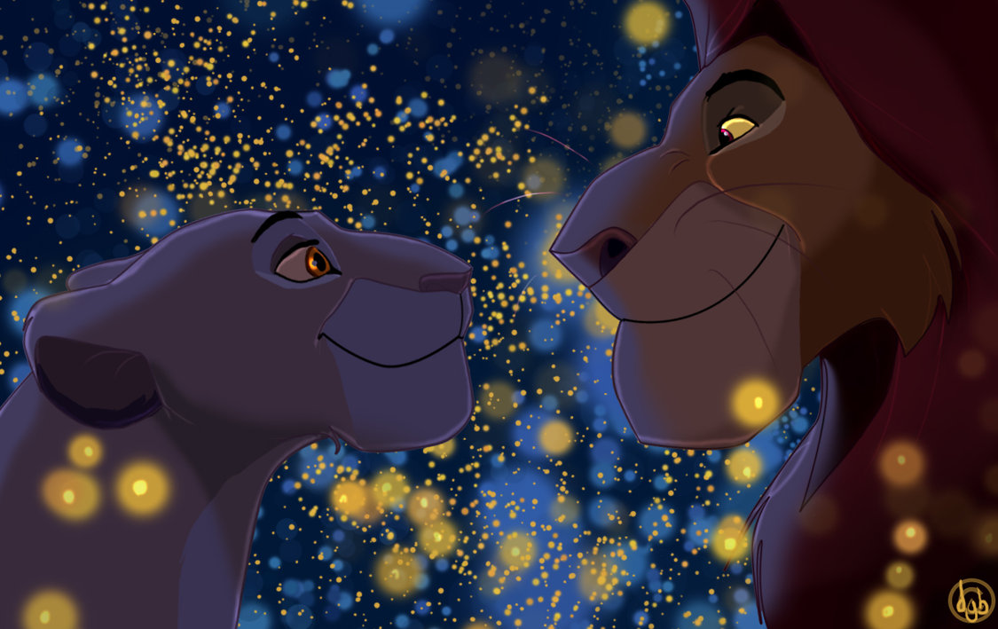 Фото Муфаса и Сараби из мультфильма Король Лев / The Lion King смотрят друг на друга в окружении множества светлячков, by dyb
