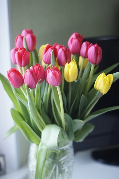 Фото Букет тюльпанов в прозрачной вазе