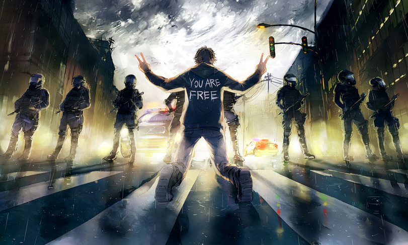 Фото Парень стоит на коленях перед полицейскими с дубинками, но не сдается (You are free / Ты свободен), художник под псевдонимом Yuumei