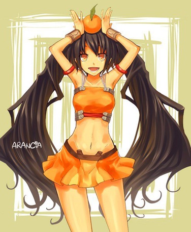 Photo A girl in anime style with two tails and an orange on his head smiling (© AnarchyPay1), добавлено: 12.02.2013 16:50
