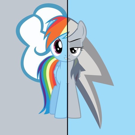 Фото Rainbow dash / Рэйнбоу Дэш из мульт-сериала Мой маленький пони / My Little Pony разделен линией и показывает два настроения