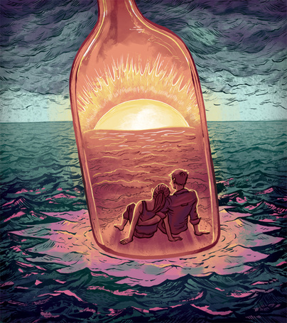 Фото Парень с девушкой встречают рассвет, находясь в бутылке, плывущей по морю, работа  Кейси Crisenbery