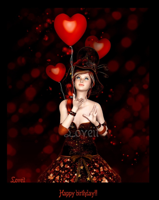 Фото Девушка в платье, украшенным красными сердечками, отпускает из рук воздушные шарики, в виде красных сердец  (Loveil / Happy Birthday!! / С Днем Рождения!!)