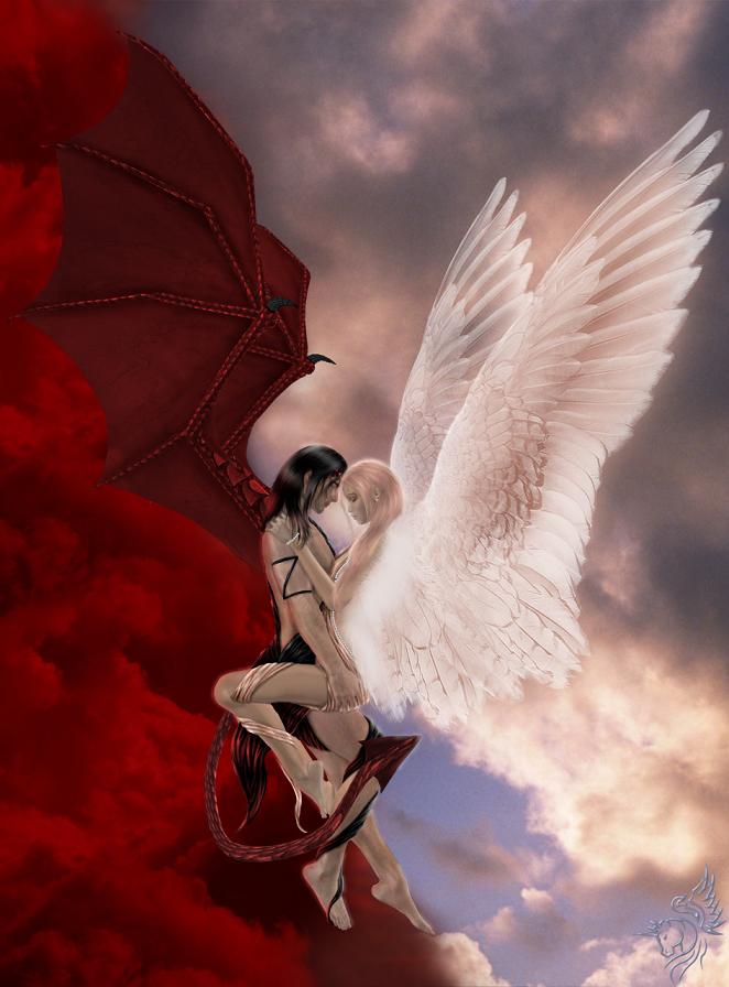 Фото Девушка - Ангел и Мужчина - Демон сплелись в объятиях в красно-белом небе