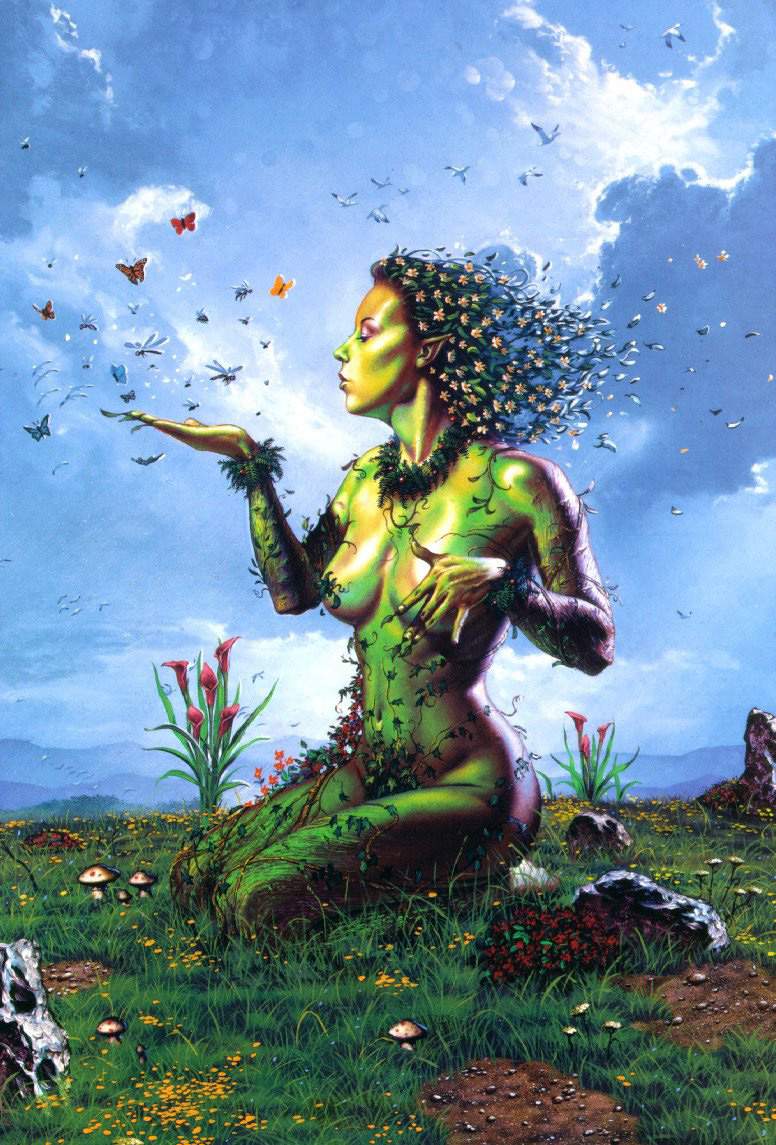 Фото Женщина олицетворяющая Землю, с зеленой кожей и волосами из цветов