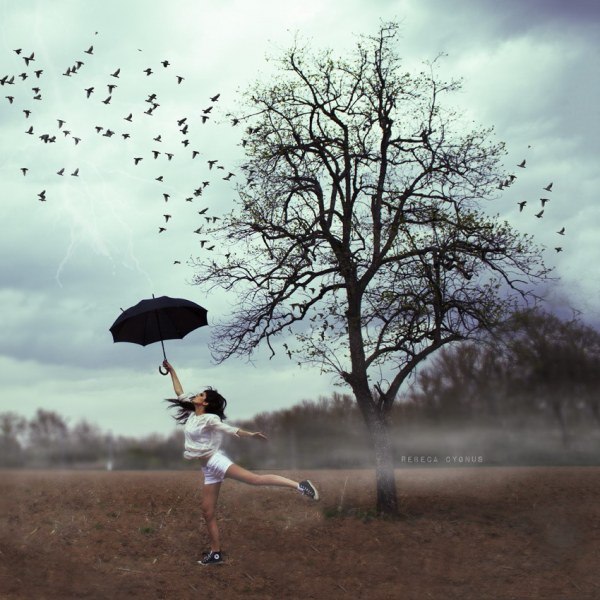 Фото Девушка держит высоко черный зонтик, над которым пролетает стая птиц, фотограф Ребека Кугнус / Rebeca Cygnus