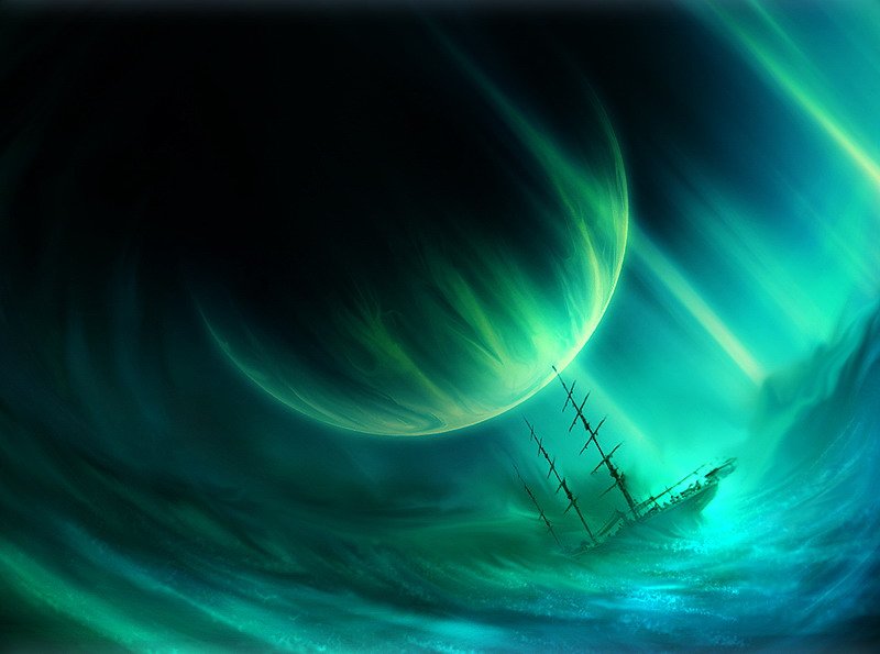 Фото Корабль в бушующем море на фоне зеленой планеты в ночном небе