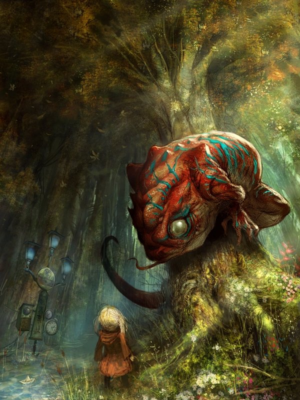 Фото Девочка стоит у дерева с сидящим на нем монстром, иллюстратор Kyoung Hwan Kim / Кенг Хван Ким