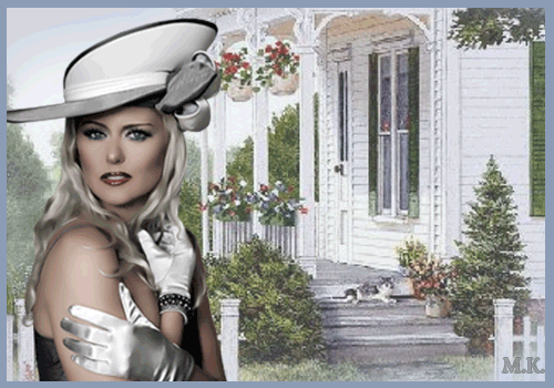 Фото Девушка в белой шляпке и перчатках стоит возле дома