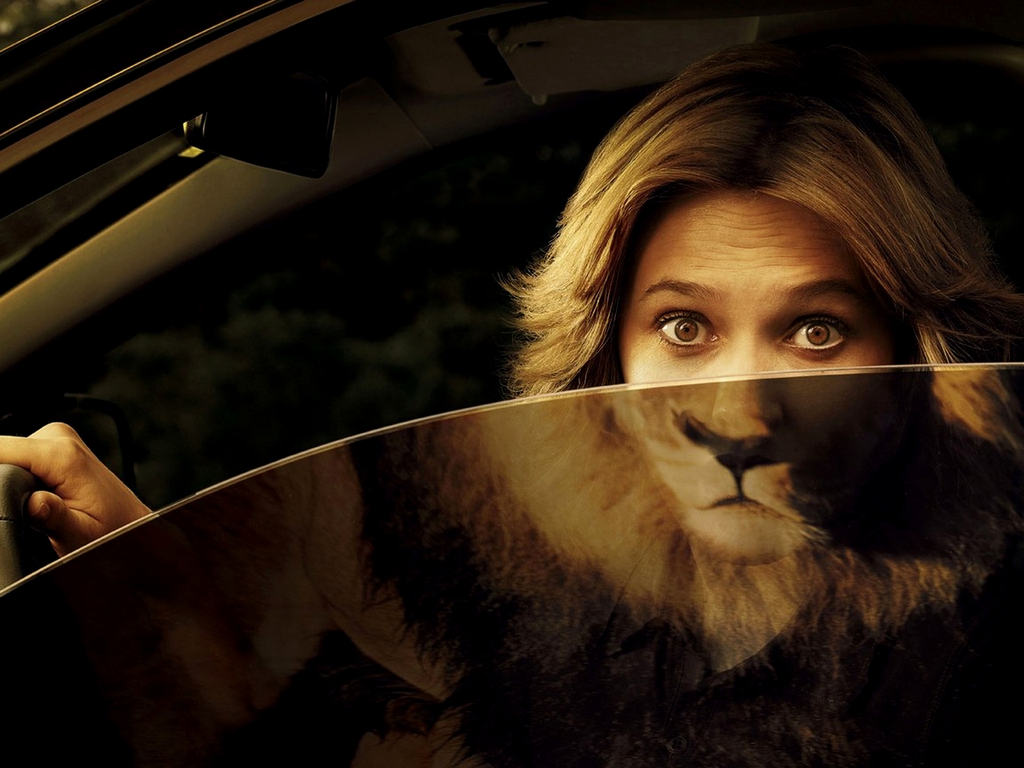 Фото Девушка смотрит в окно автомобиля с отражением львиной части лица на стекле