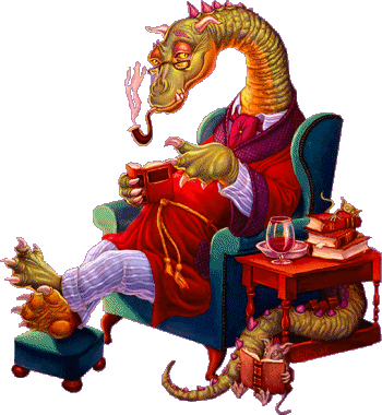 Фото Дракон в халате сидит в голубом вресле с банкеткой, покуривая трубку, читает книгу, рядом его внук
