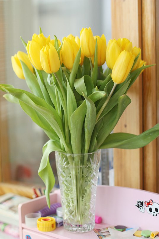 Фото Букет желтых тюльпанов в прозрачной вазе, стоит на тумбочке