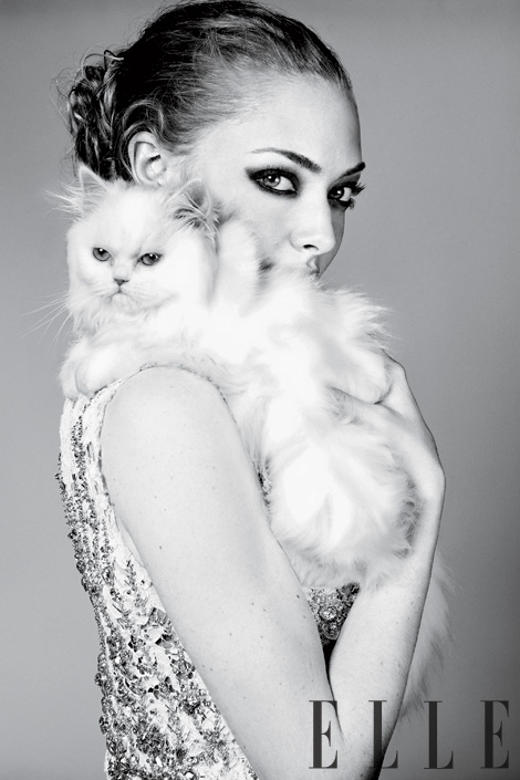 Фото Американская актриса, певица и бывшая модель Аманда Сайфред / Amanda Seyfried с белой кошкой на руках в фотосессии для журнала ELLE