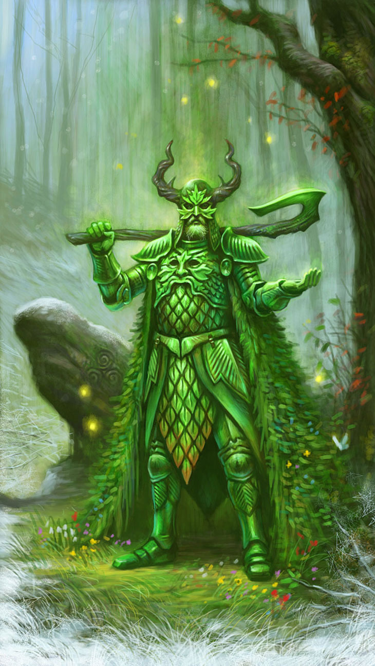 Фото Зеленый рыцарь стоит в лесу около камня, покрытого таинственными письменами