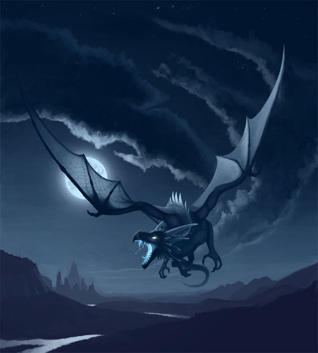Фото Дракон пролетает в небе при свете полной луны