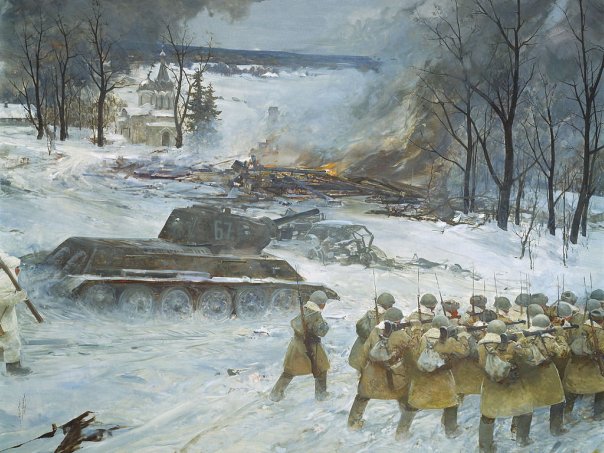 Фото Солдаты идут рядом с танками по снежной дороге
