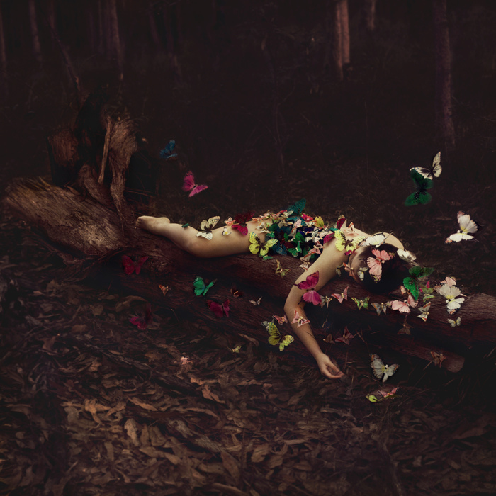 Фото Девушка спит на бревне дерева, на ее теле сидят бабочки, фотограф Ingrid Endel