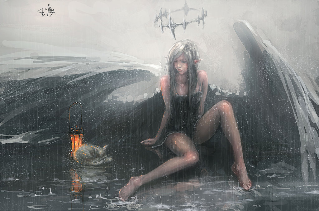 Фото Девушка - эльф с крыльями сидит в дождь, рядом лежит свернувшись в клубок кошка и стоит фонарь