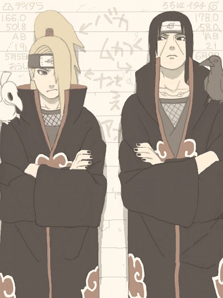 Фото Дейдара / Deidara с птицей на плече смотрит на Итачи / Itachi у которого на плече ворона, из аниме Наруто / Naruto